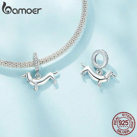 BAMOER Pet Dog Charm Beads for Charm Bracelet, Genuine 925 Sterling Silver Poodle Dachshund Pendant DIY Accessories