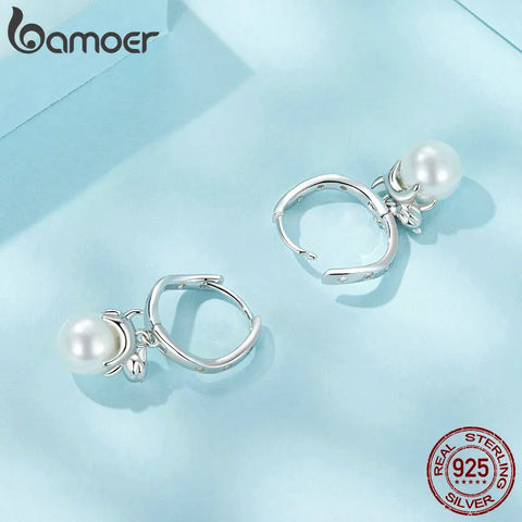 BAMOER 925 Sterling Silver High-quality Shell Pearl Ear Buckles Cute Kitty Hoop Earrings for Women Birthday Gift Fine Jewelry