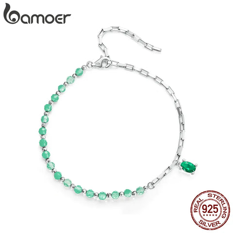 Bamoer 925 Sterling Silver Crystal Green Beads Bracelet Delicate Square Link for Women Birthday Valentine's Day Jewelry Gift