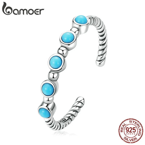 Bamoer New Trendy 925 Sterling Silver Turquoise Twist Open Finger Ring for Women Fine Jewelry Eternity Ring Wedding Party Gift