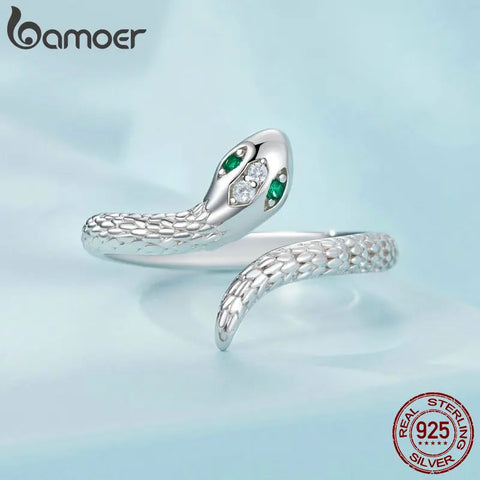 BAMOER 925 Sterling Silver Adjustable Snake Ring Platinum Plated Green Zircon Retro Textures Snake Ring Fashion Jewelry