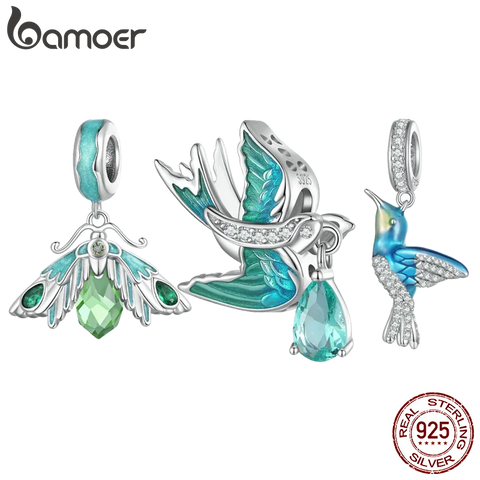 Bamoer 925 Sterling Silver Exquisite Green Enamel Bird Charms Butterfly Bead for Women Original Bracelet and Bangle Fine Jewelry