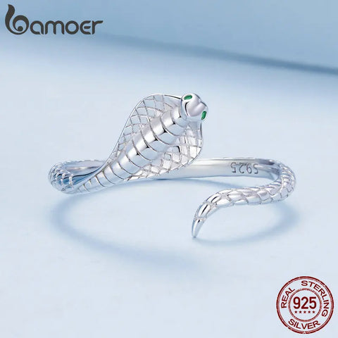 Bamoer 925 Sterling Silver Cobra Opening Ring Lively Snake Adjustable Ring for Women Party Pave Setting CZ Fine Jewelry