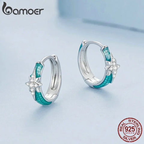 BAMOER 925 Sterling Silver Star Earings for Women U Shaped Hoop Earrings Enamel Cubic Zirconia Hypoallergenic Fashion Earrings