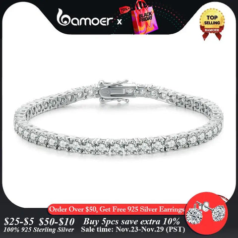 BAMOER Moissanite Tennis Bracelet for Women 925 Sterling Silver Round Brilliant Cut Lab Diamond Classic Platinum Plated Bracelet