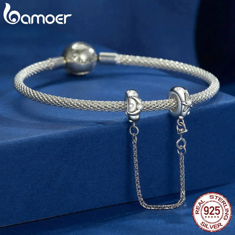Bamoer 925 Sterling Silve Star and Moon Safety Chain Charms for Women fit Original Silver Bracelet DIY Fine Jewelry Accessories