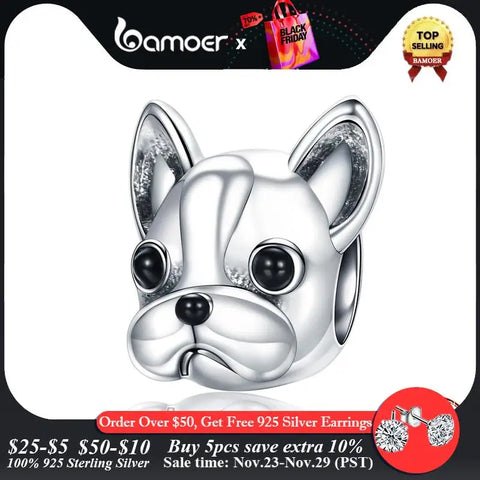 BAMOER 925 Sterling Silver Loyal Partners French Bulldog Bead Dog Animal Bead fit Women Charm Bracelets DIY Jewelry SCC315