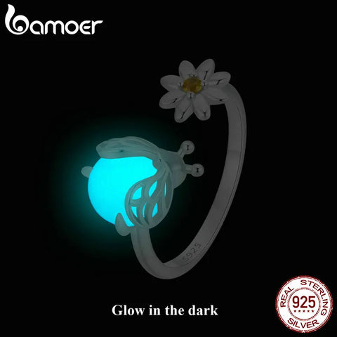 BAMOER 925 Sterling Silver Animal Open Rings for Women, Luminous Firefly Ring High Polish Comfort Fit Adjustable Ring