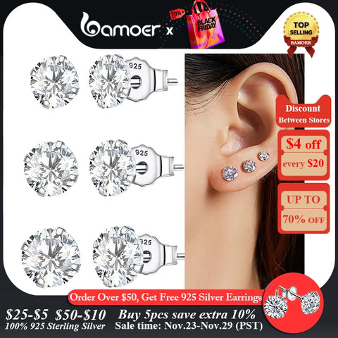 bamoer 3 Pairs Stud Earrings Set 925 Sterling Silver Stone CZ Minimalist Dazzling Fashion Earrings 4mm 5mm 6mm Diameter BSE166