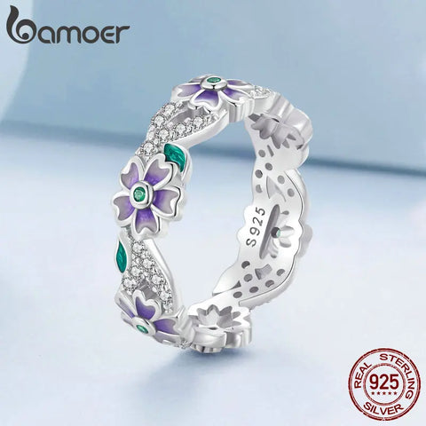 Bamoer 925 Sterling Silver Purple Wreath Ring Flower Finger Ring Original Design Fine Jewelry Gift for Women Party BSR492