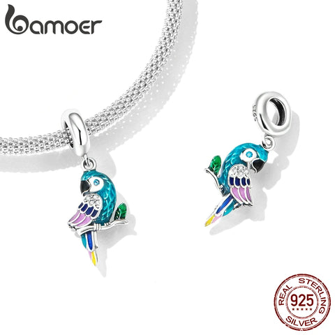 Bamoer 925 Sterling Silver Vivid Bright Parrot Pendant fit for Charms Bracelet & Bangle Dainty Bird Charms Women Fine Jewelry