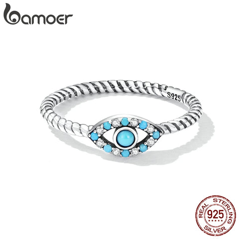Bamoer Genuine 925 Sterling Silver Turquoise Demon Eye Ring for Women Twist Design Trendy Promise Ring Fine Jewelry Wedding Gift