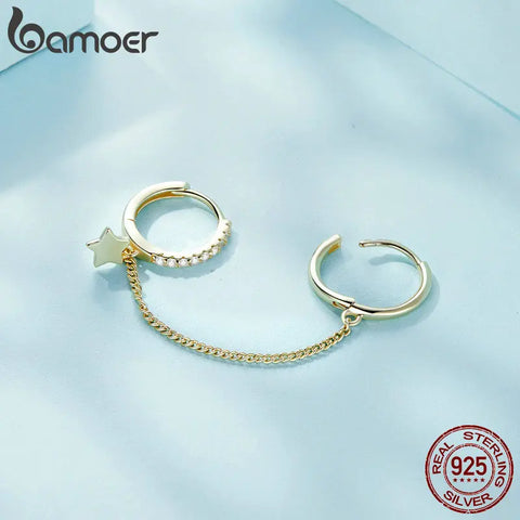 BAMOER Genuine 925 Sterling Silver Double Hoop Earrings Chain for Women Teen Girls Star Whisperer Statement Elegant Earrings
