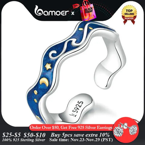 bamoer Sterling Silver 925 Lover Rings for Couple Blue Starry Sky of Van Gogh Open Finger Ring Design Jewelry Accessories SCR608
