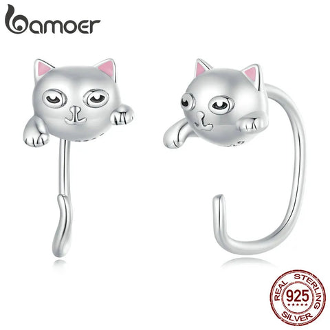 BAMOER Authentic 925 Sterling Silver Minimalist Black Cute Cat Stud Earrings for Women Fashion Jewelry Animal Gift SCE1125