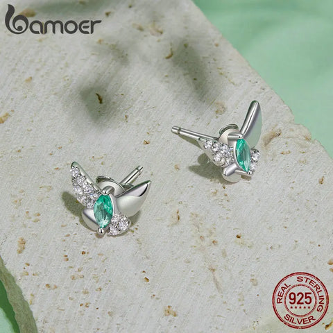 BAMOER Hypoallergenic Platinum Plated Butterfly Stud Earrings Cubic Zirconia 925 Sterling Silver Dainty Insect Earrings