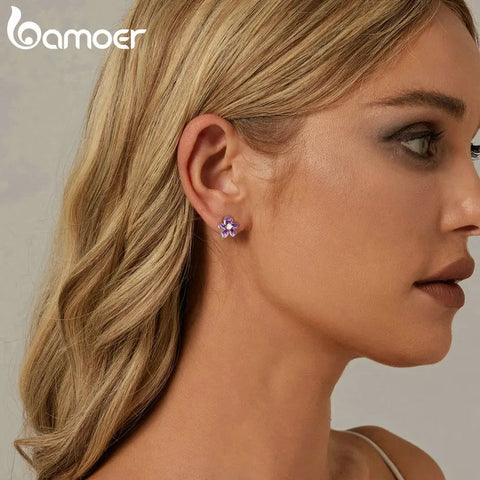 BAMOER Purple Flower Earrings for Women, 925 Sterling Silver Cute Plumeria Cherry Blossom Hypoallergenic Stud Earrings For Girl