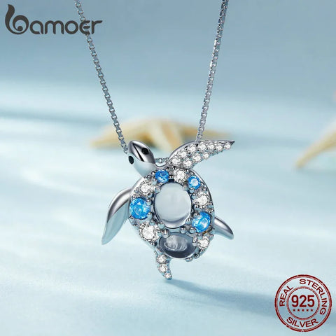 Bamoer 925 Sterling Silver Blue Spinel Sea Turtle Pendant Necklace Pave Setting CZ for Women Valentine's Day Gift