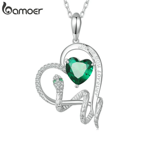 Bamoer Authentic Green CZ Snake Pendant Necklace Cat Unicorn Geometric Heart Neck Chain for Women Birthday Gift Fine Jewelry
