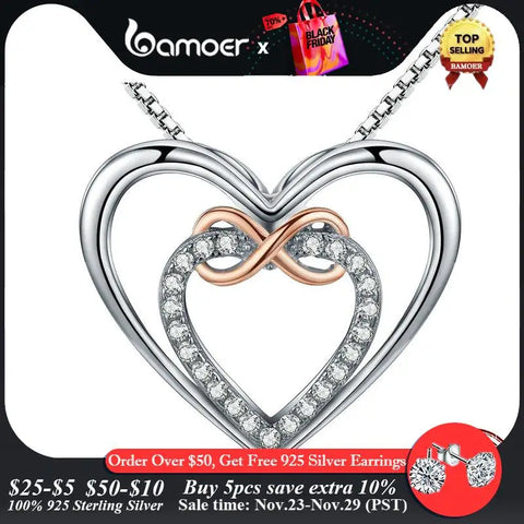 Bamoer 925 Sterling Silver Elegant Double Heart Infinity Love Pendant Necklace for Women Fine Jewelry Anniversary Gift SCN121