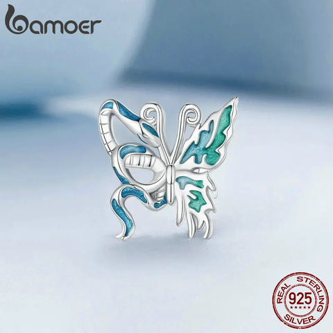 BAMOER 925 Sterling Silver Animal Pendant Beads, Snake and Butterfly Enamel Process Charms Compatible with women's bracelet