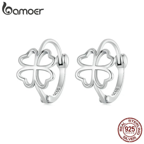 BAMOER 925 Sterling Silver Hollow-out Lucky Four-leaf Clover Ear Buckles for Women Birthday Gift Fine Jewelry SCE1690