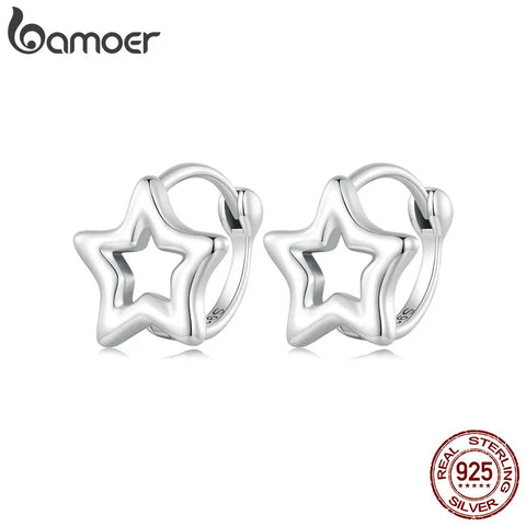 Bamoer 925 Sterling Silver Simple Star Ear Buckles Minimalist Silver Hoop Earrings for Women Girls Original Design Fine Jewelry