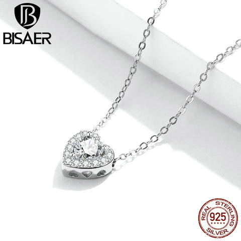 BISAER 925 Sterling Silver Heart Statement Jewelry Sets Clear Shining CZ Promise Ring Necklace Eearrings Women Wedding Luxury