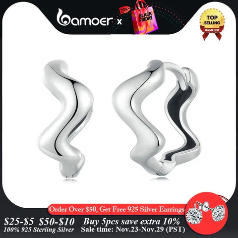 Bamoer 925 Sterling Silver Twisted Line Ear Buckles Geometric Wave Hoop Earrings for Women Girls Original Design Fine Jewelry
