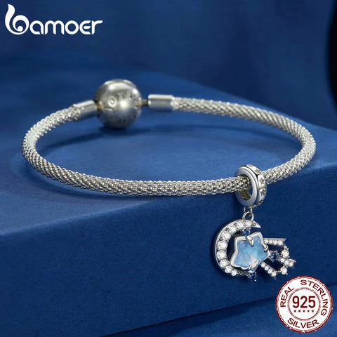 BAMOER 925 Sterling Silver Dreamy Meteor Pendant Beads, Moon and Star Charms Compatible with Women's Bracelet Necklace