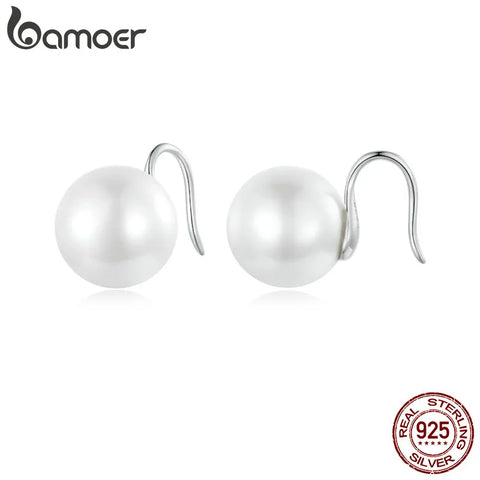 Bamoer 925 Sterling Silver Quality Round Shell Pearl Stud Earrings Platinum Plated Earrings for Women Engagement & Wedding Gift