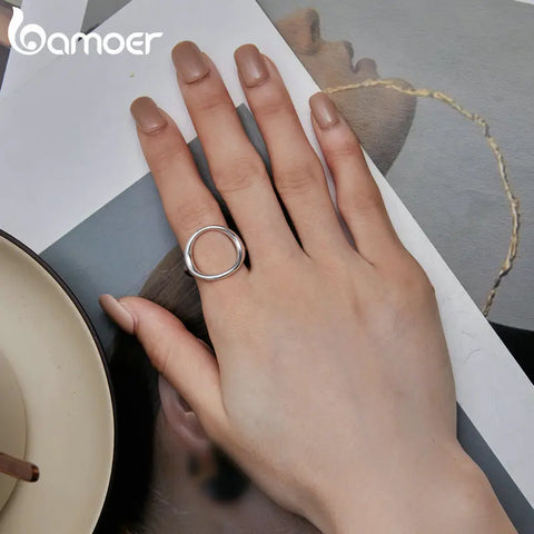 BAMOER Sterling Silver 925 Simple Minimalist Round Finger Rings for Women Wedding Engagement Statement Jewelry SCR919