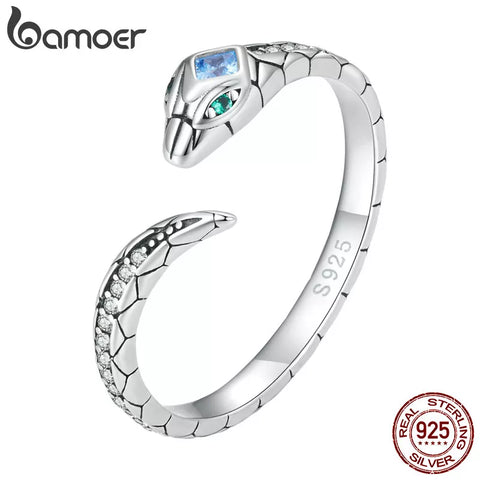 Bamoer 925 Sterling Silver Snake Shape Finger Ring Animal Unadjustable Ring for Women Pave Setting Zircon Fine Jewelry BSR355