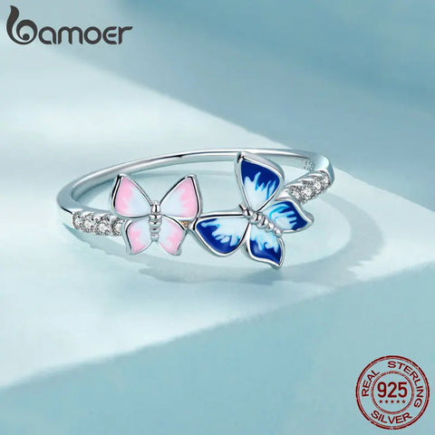 BAMOER 925 Sterling Silver Butterfly Band Adjustable Ring with CZ Trendy Jewelry Gifts for Women