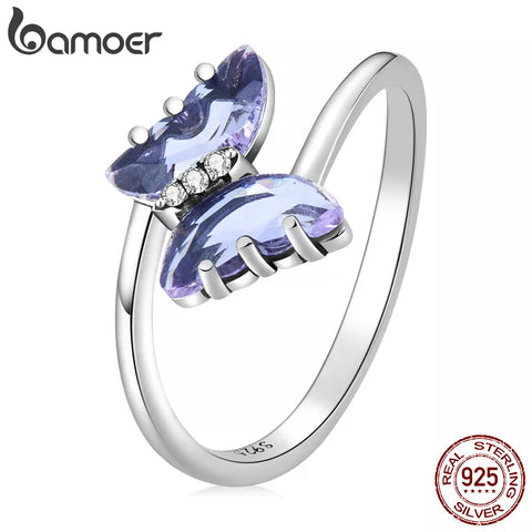 BAMOER Authentic 925 Sterling Silver Violet Pavé Crystal Butterfly Ring Size 6 7 8 Women Making Ring Fine Jewelry Wedding Gift