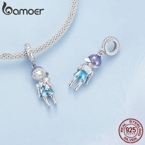 Bamoer 925 Sterling Silver Enamel Little Boy and Girl Pendant Charms for Women Original Bracelet and Bangle Fine Jewelry