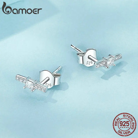 BAMOER 925 Sterling Silver Delicate Mini Line Stud Earrings Sparkling Zircon Earrings for Women Engagement Party Jewelry