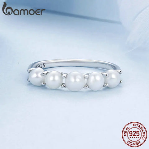 Bamoer 925 Sterling Silver High-quality Natural Pearl Finger Ring for Women Party Engagement Elegant Fine Jewelry Gift