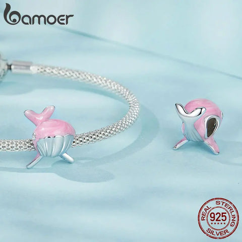 BAMOER 925 Sterling Silver Pink Whale Bead Dreamy Ocean Animal Charm for Women Bracelet Accessories Pave Setting CZ Fine Jewelry