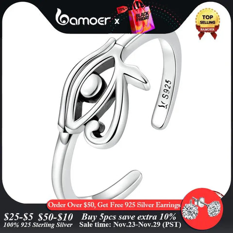BAMOER 925 Sterling Silver Eye of Horus Egypt Protection Open Ring for Women Personality Cool Band Ring Fashion Jewelry Gift