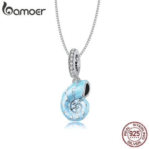 Bamoer 925 Sterling Silver Blue Conch Necklace for Women Ocean Style Pendant Party Jewelry