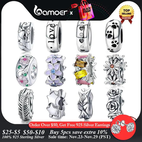 BAMOER Authentic 925 Sterling Silver Dog Animal Footprint Cat Heart LOVE Spacer Charm Fit  Bracelet DIY Original SCC594