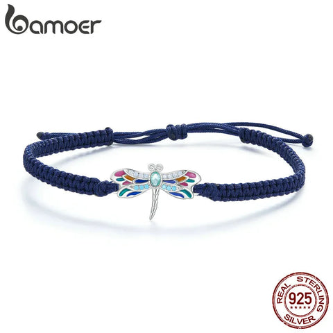 Bamoer 925 Sterling Silver Enamel Dragonfly Rope Bracelet Adjustable Insect Chain Link for Women Pave Setting CZ Fine Jewelry