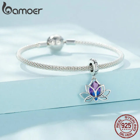 Bamoer 925 Sterling Silver Four-Leaf Clover Pendant Charms Purple Flower Beads for Women Bracelet DIY Finr Jewelry