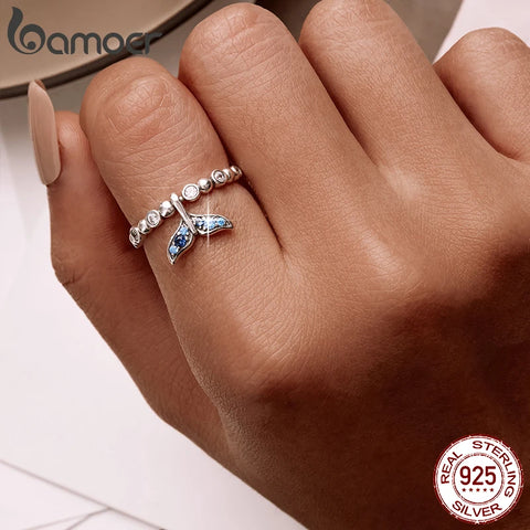 Bamoer New 925 Sterling Silver Shining Fishtail Female Ring Size 6/7/8 Stackable Bubble Ring Women Statement Jewelry Gift