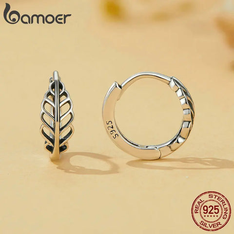 Bamoer 925 Sterling Silver Autumn Leaf Ear Buckles Hollow-out Leaves Hoop Earrings for Women Girls Simple Fine Jewelry