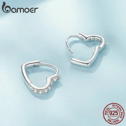 BAMOER 925 Sterling Silver Asymmetrical Heart Earrings for Women Gold Platinum Plated Cubic Zirconia Hypoallergenic Earrings