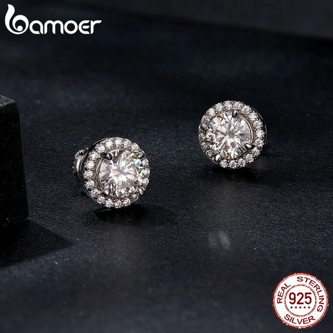 BAMOER Exquisite Halo Stud Earrings 925 Sterling Silver Moissanite Earrings for Women Engagement Wedding Fine Jewelry Gift