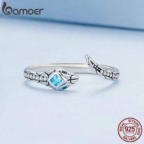 Bamoer 925 Sterling Silver Snake Shape Finger Ring Animal Unadjustable Ring for Women Pave Setting Zircon Fine Jewelry BSR355