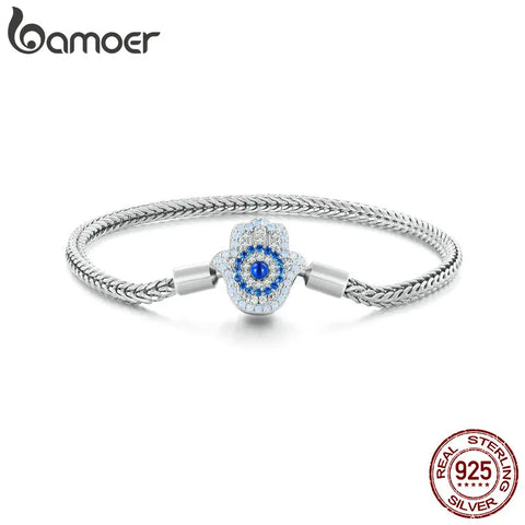 BAMOER 925 Sterling Silver Fatima Guardian With Clear CZ Clasp Charm Bracelet Basic Bracelets Fit BAMOER & European Charms Bead
